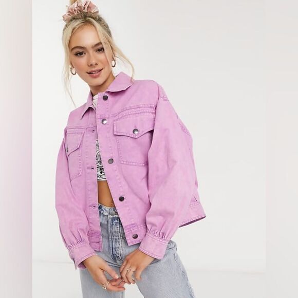 ASOS Pink Acid Wash Bomber Style Jean Jacket - Picture 1 of 13